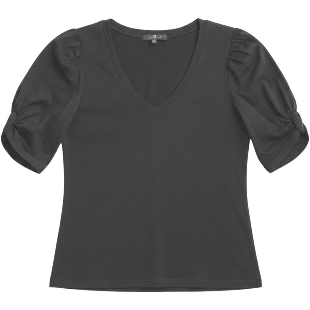 7 For All Mankind Top Womens Black Puff Sleeve Ruched V-Neck Romantic Coquette L